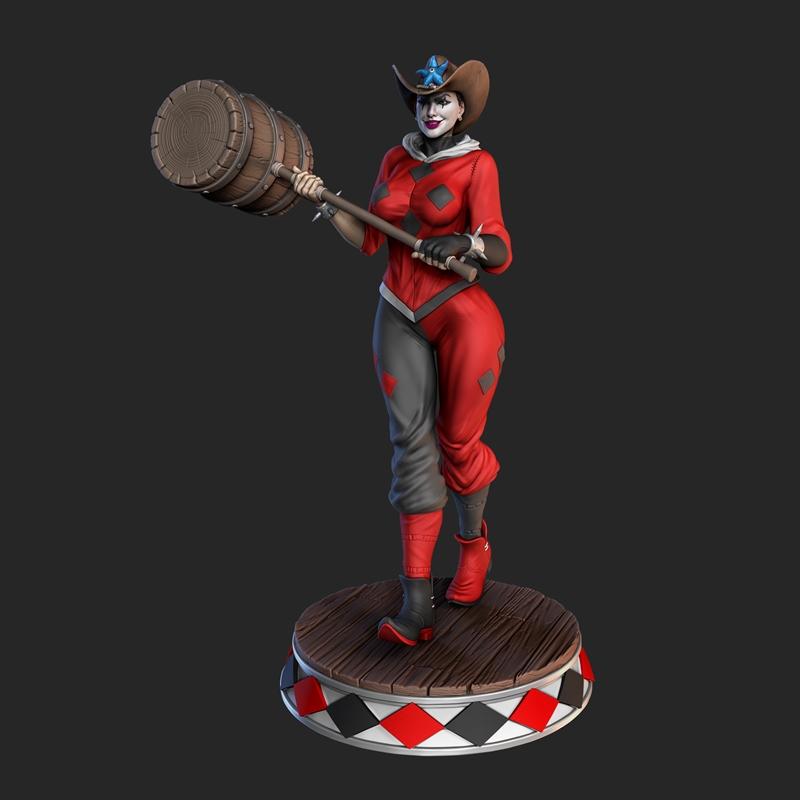 Harley Quinn 3D model in Western attire, wearing a cowboy hat and holding a large wooden mallet. She stands on a diam...