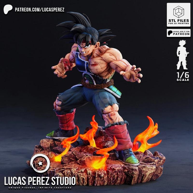 1:6 scale 3D printed figure of Bardock from Dragon Ball, standing in a combat stance on a rocky, fiery base. He has b...