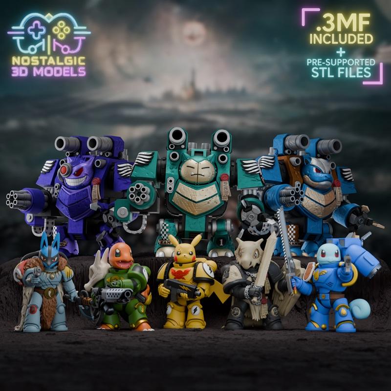 Collection of 3D printable models featuring Pokemon characters in Warhammer 40,000 power armor and mechs, including G...