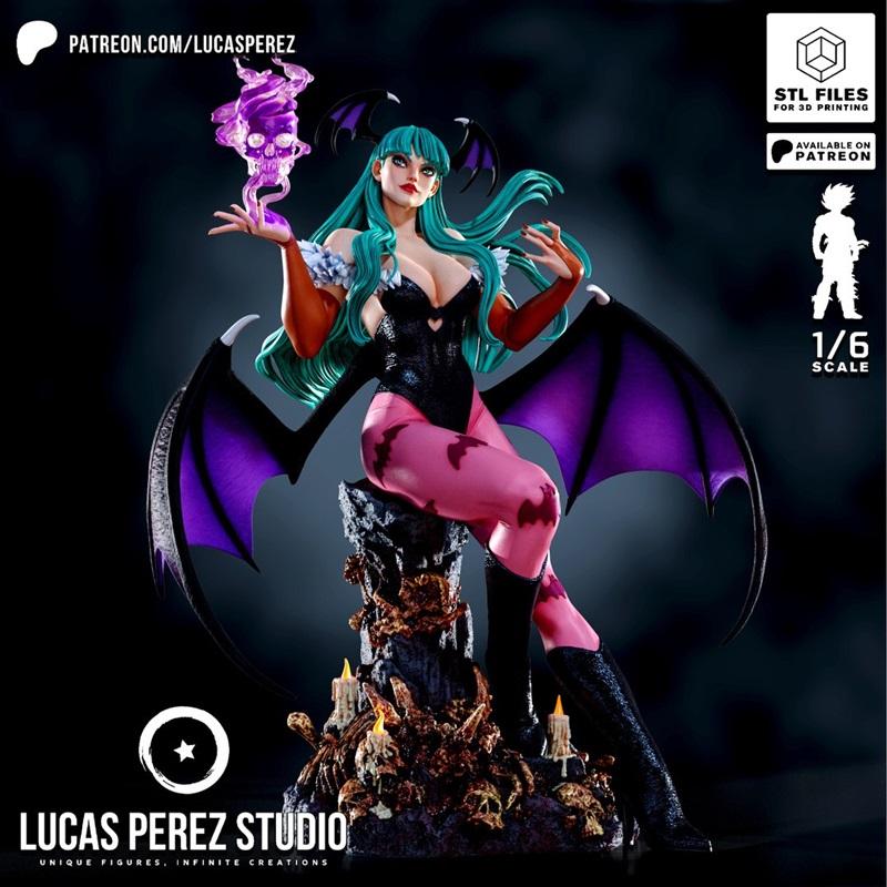 1/6 scale 3D model of Morrigan from Darkstalkers, sitting on a skull-adorned base, holding purple energy, with large...