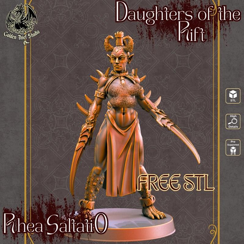 Golden Thief Studio's Daughters Of The Rift 3D model: a female demon with horns, intricate armor, and bladed weapons,...