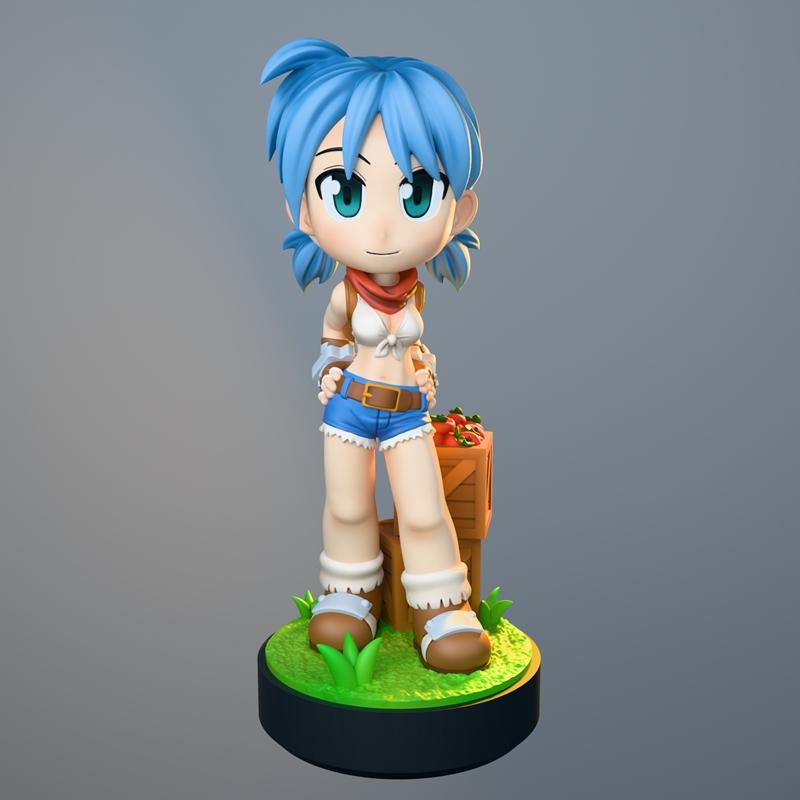 Chibi Blacksmith Girl from Ragnarok Online, wearing a white bikini top, blue shorts, and brown boots, standing on a g...
