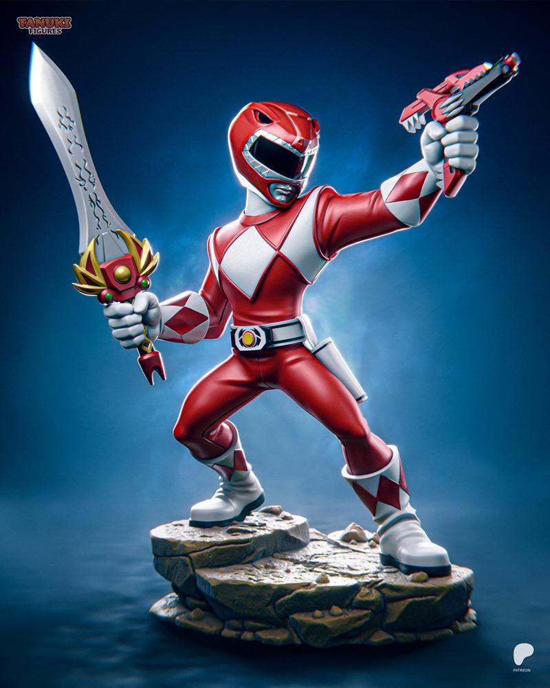Red Ranger from Power Rangers, posed heroically with a sword and blaster, standing on a rocky base. Model by Tanuki F...