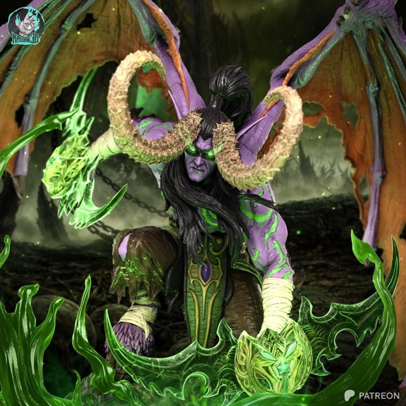Illidan Stormrage 3D model figure with purple skin, green markings, large wings, and horns, crouching with a glowing...