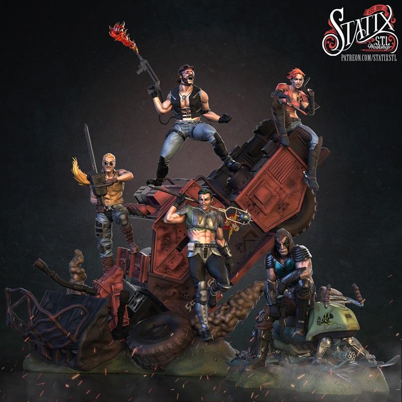 Post-apocalyptic diorama with five action figures around a wrecked vehicle. One figure has a flamethrower, another a...