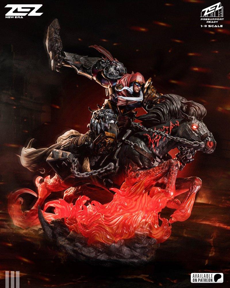 War, Horseman of the Apocalypse, riding a black horse with red glowing eyes and fiery base. Detailed armor on rider a...