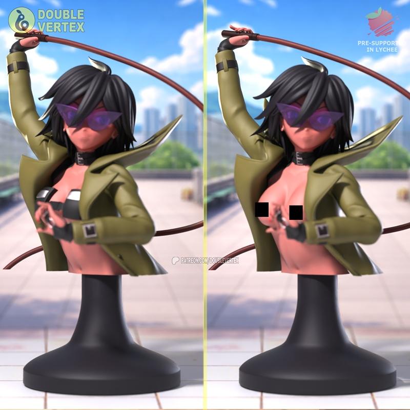 Double Vertex Nemuri Midnight Kayama bust 3D model, character in olive jacket and sunglasses holding a whip, on black...