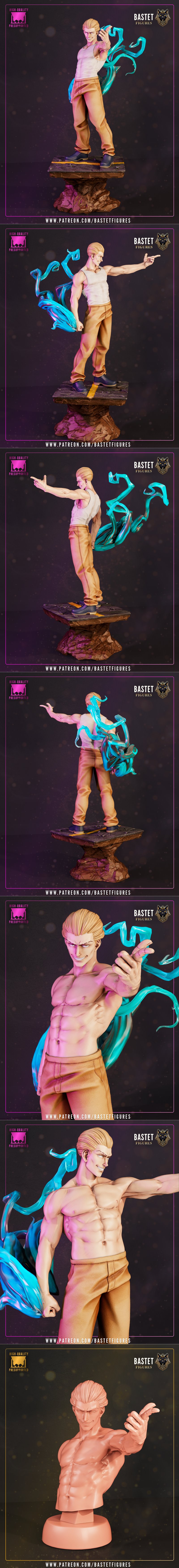 Kinji Hakari 3D model figure by Bastet Figures, wearing a white tank top and tan pants, with swirling teal energy eff...