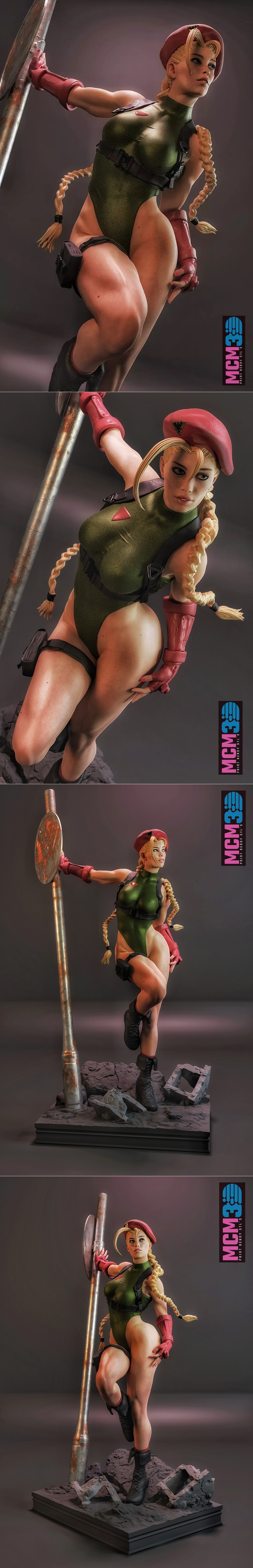 Cammy from Street Fighter, a 3D print model by MCM3D, in a green bodysuit, red beret, and gloves, leaning on a metal...
