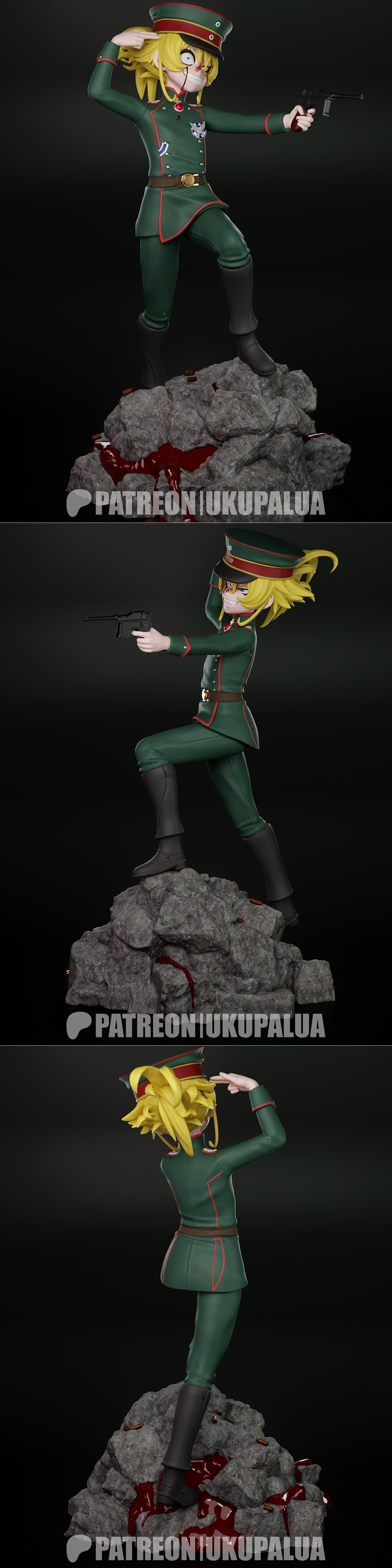 Tanya von Degurechaff anime figure in military uniform, holding a pistol and pointing to her head, standing on a bloo...
