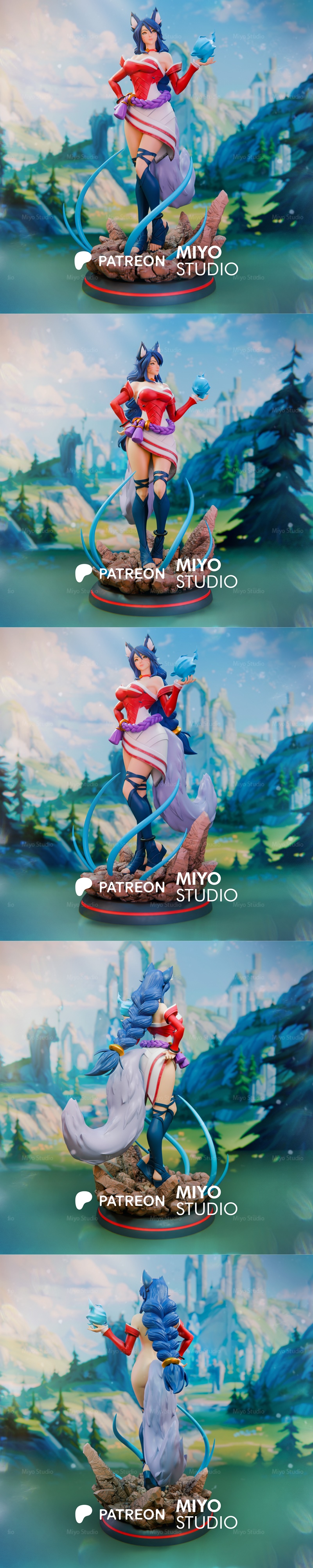 Ahri from League of Legends in a heroic pose, fully clothed and armored, sculpted by Miyo Studio.
