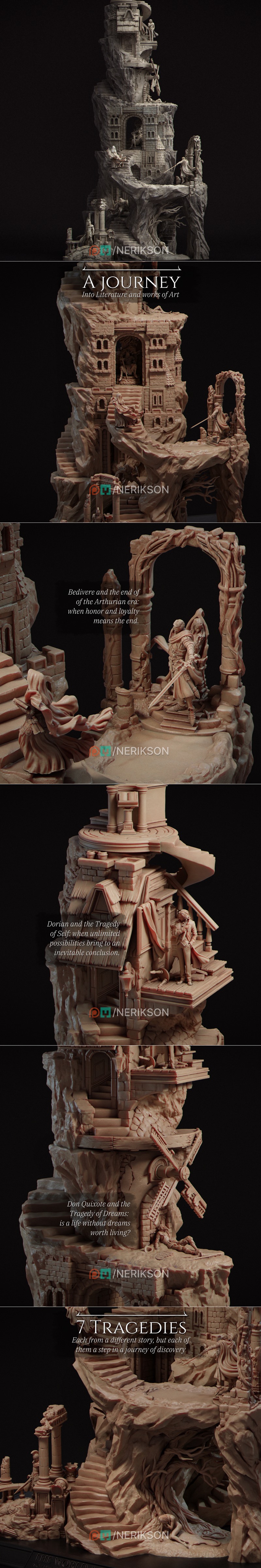 Fantasy diorama of a crumbling stone castle on a rocky island, featuring multiple miniature figures including a warri...