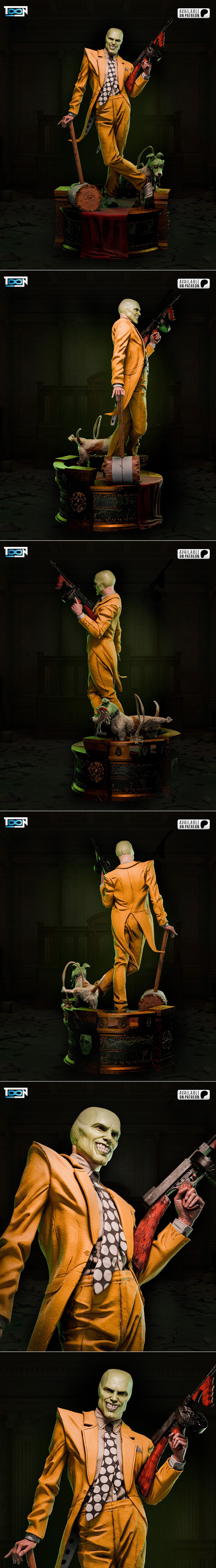 The Mask character in a yellow suit and fedora, with a green face and a wide grin, rendered as a 3D model for printin...