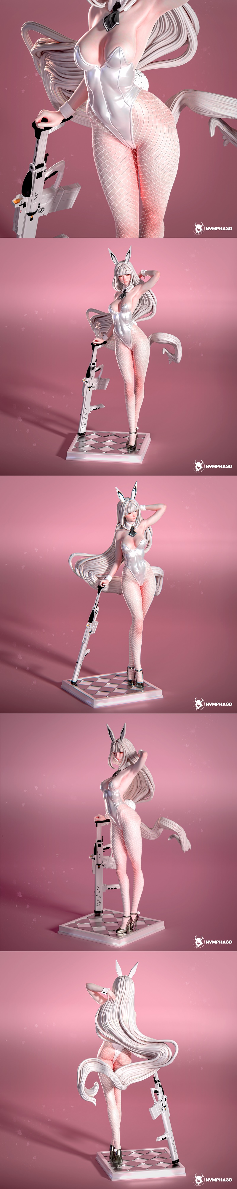 3D model of Blanc from Goddess of Victory: NikKE, wearing a white bunny suit and fishnet stockings, with long white h...