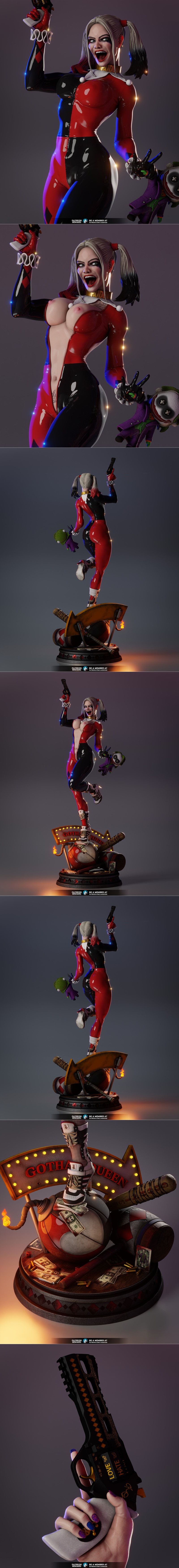 Harley Quinn figure in red and black suit, holding a gun and a Joker doll, standing on a base with a "GOTHAM&quo...