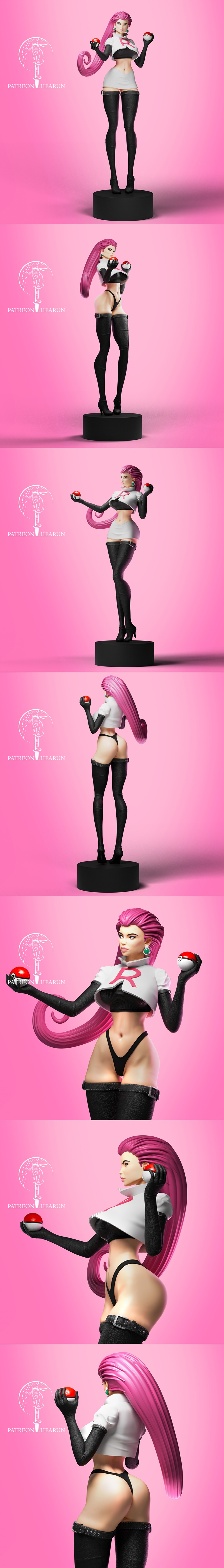 3D model of Jessie from Pokemon, wearing a revealing Team Rocket outfit and holding two Pokeballs. Pink hair, black g...