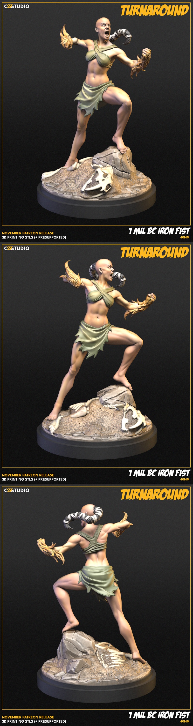 Bald female warrior, Million BC Iron Fist, in a combat pose with one hand wreathed in flames. She wears a green, prim...