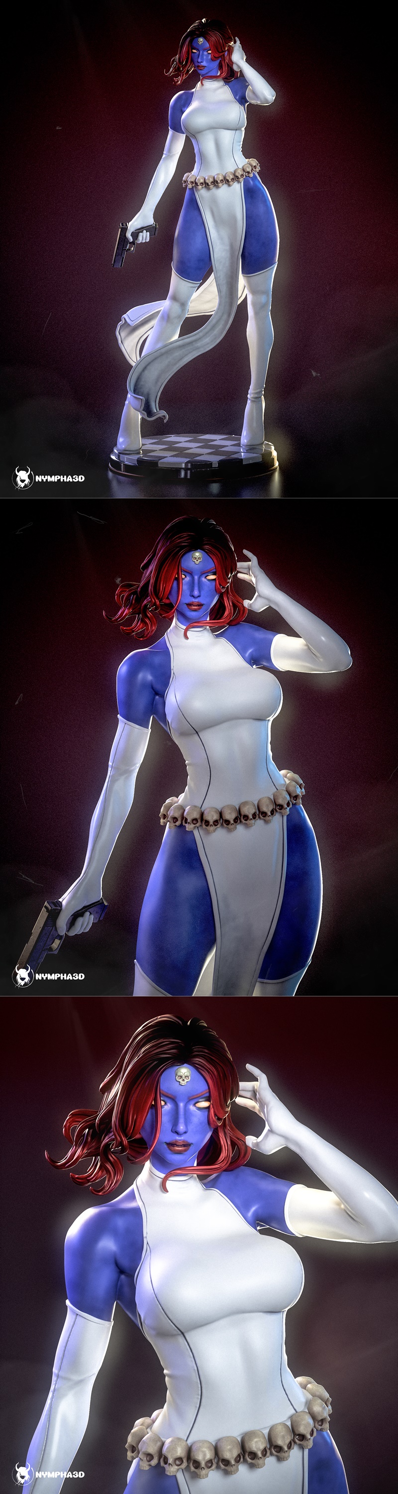 Mystique from Marvel Comics, blue-skinned mutant with red hair, wearing a white and blue outfit, holding a pistol, wi...