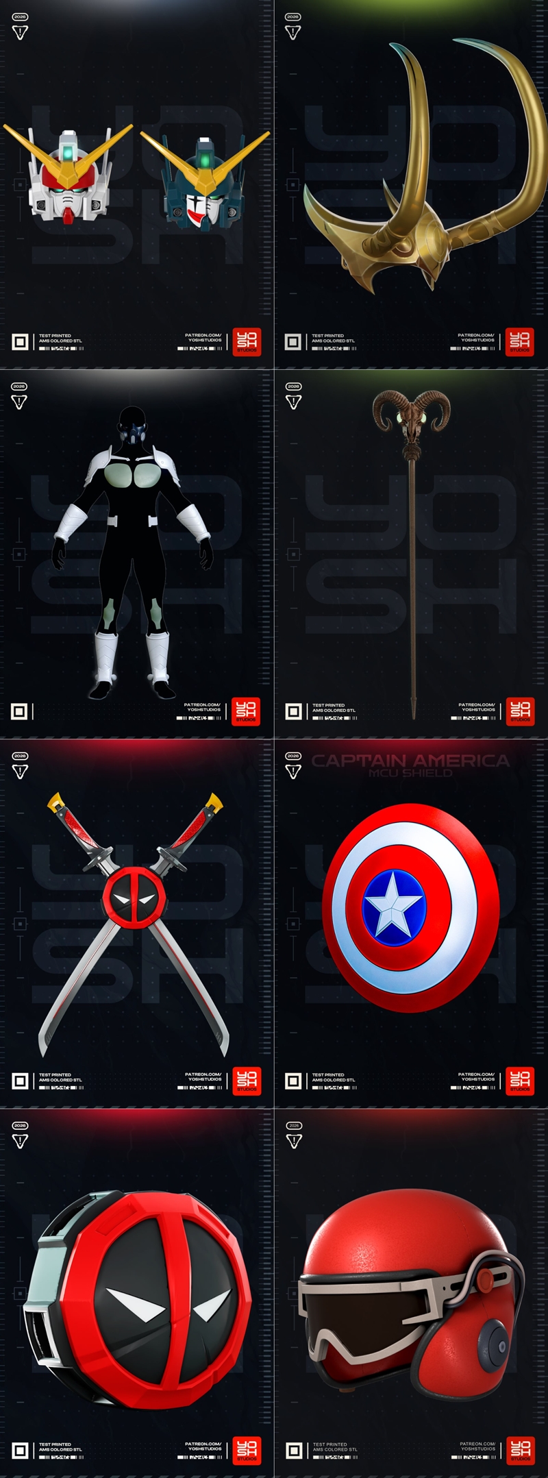 Two metallic 3D printable masks, one clean-shaven and one with a mustache and goatee, displayed against a dark backgr...