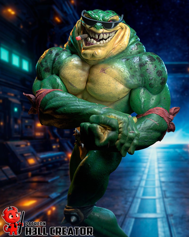 Muscular green amphibian character Rash from Battletoads wearing sunglasses and smoking a cigar, posed heroically.