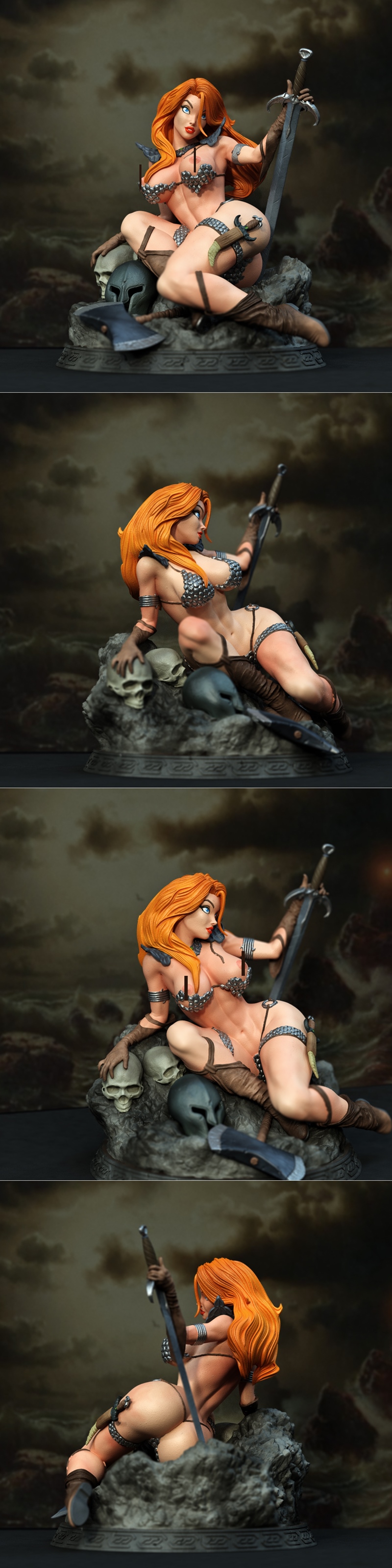3D printable Barbarian Woman figure with red hair, wearing scale bikini armor and boots, holding a sword, seated on r...