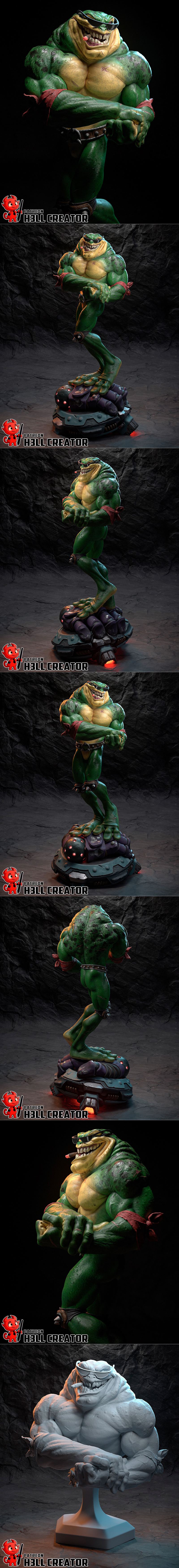 Muscular green amphibian character Rash from Battletoads wearing sunglasses and smoking a cigar, posed heroically.