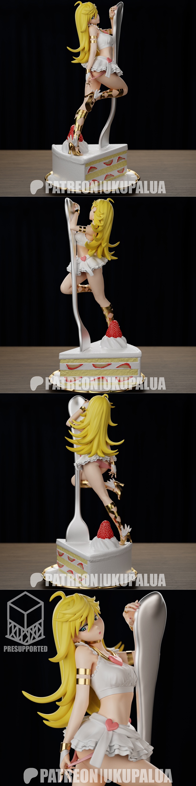 Panty Anarchy anime figure posed on a cake, wearing a white crop top, ruffled skirt, and gold accessories. Presupport...