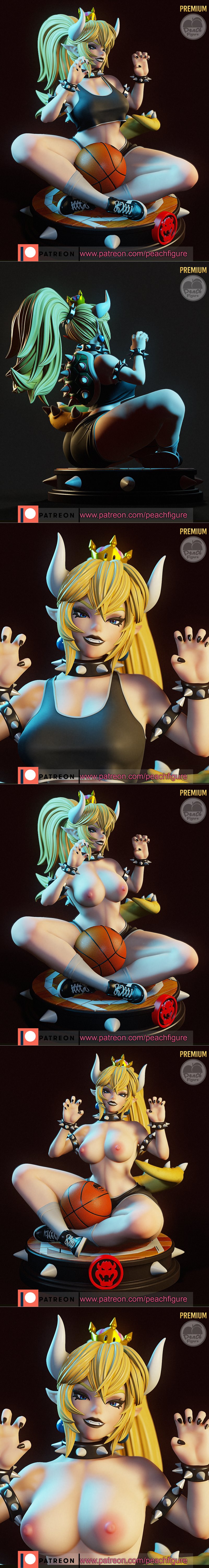 Bowsette 3D model figure with basketball, wearing a sports bra and shorts, seated on a court base with Bowser emblem.