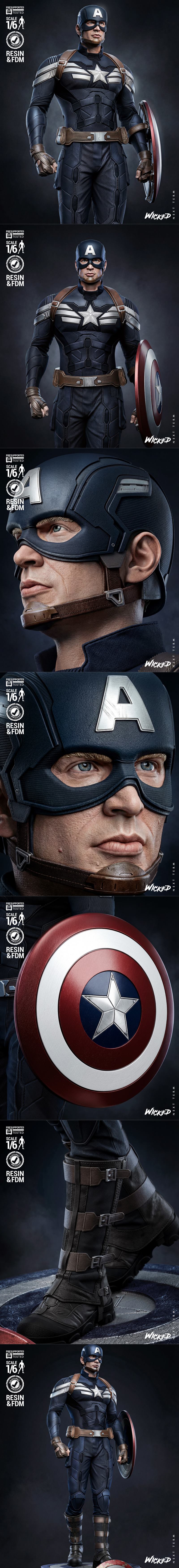 Captain America figure in "The Winter Soldier" costume, holding shield, on a detailed base. Studio: Wicked....