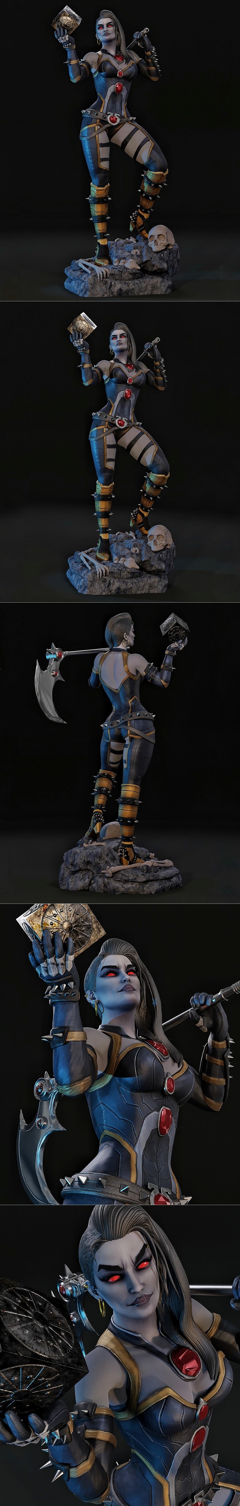 3D model of Grail, a female figure with pale skin, red eyes, dark spiked armor, and gold accents, holding a cube and...