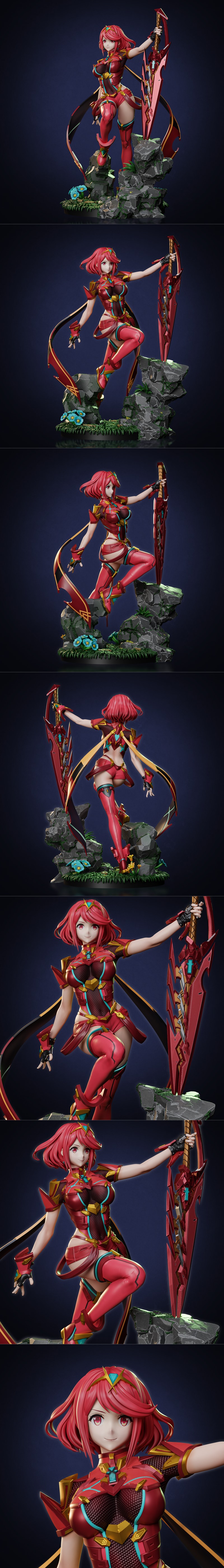 Heroic anime character Pyra in armor, holding a spear, standing on rocky terrain.