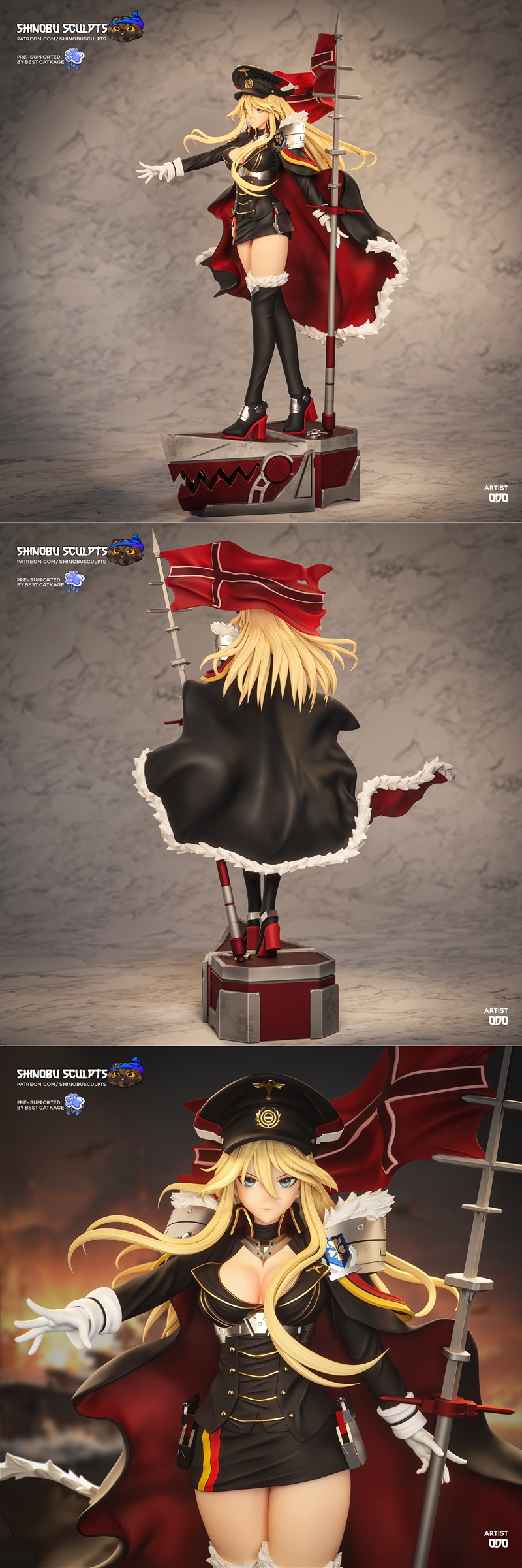 Anime character Bismarck from Azur Lane, clad in a military uniform with a cape and polearm, in a heroic pose.