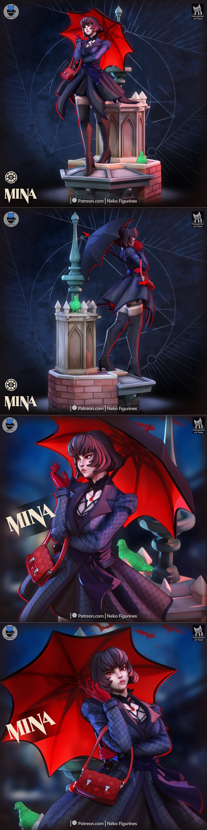 Mina (Deadlock) 3D model figure from Overwatch, standing on a rooftop with a red umbrella and handbag. She wears a da...