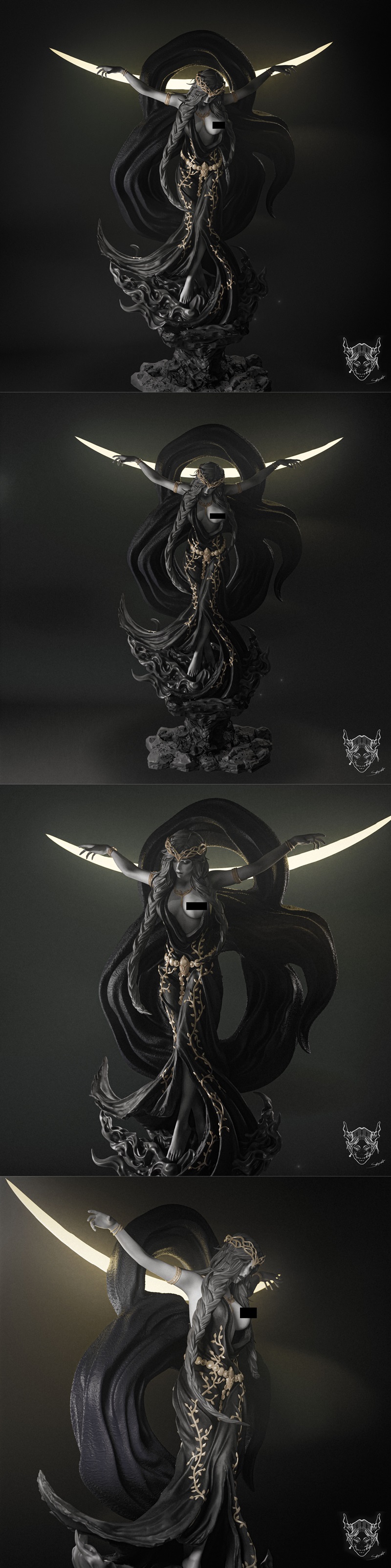 3D model of Queen Marika from Elden Ring, posed dramatically with arms outstretched, wearing a black gown with gold v...