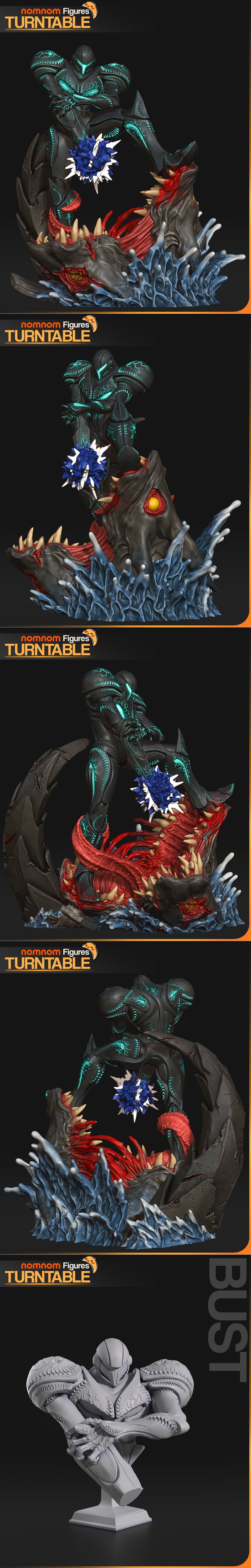 Dark Samus in power armor with glowing blue energy, holding a purple energy orb, posed dynamically in front of a mons...