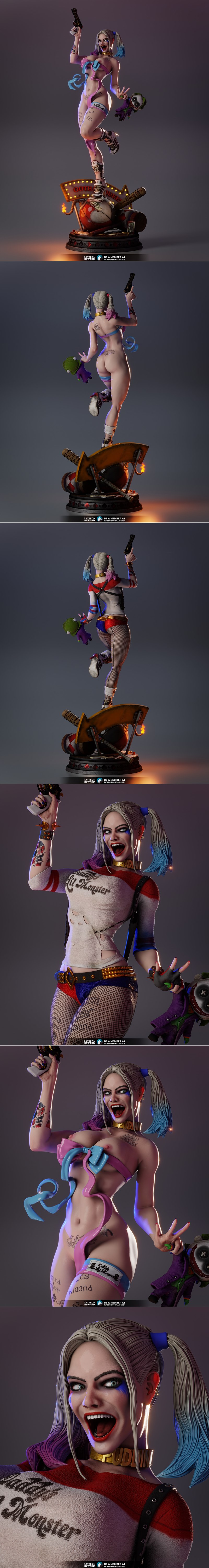 3D model of Harley Quinn in Suicide Squad costume, leaping with a gun and Joker doll, on a base with 'Gotham Tube' si...
