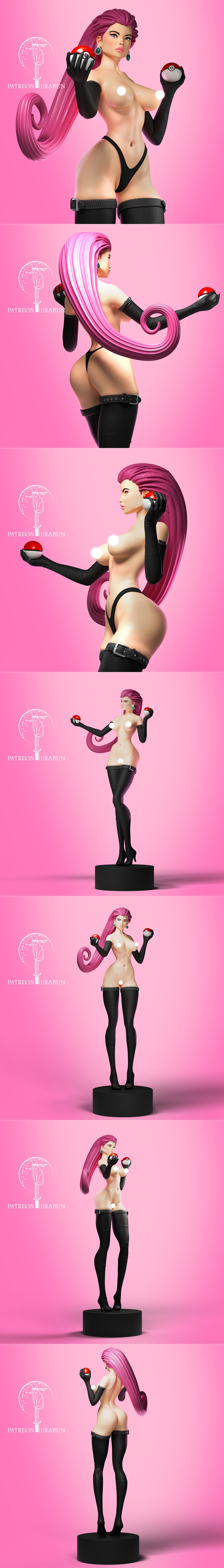 Jessie from Pokemon, depicted as a 3D printable figure by Hearun. She has long pink hair, wears black opera gloves, a...