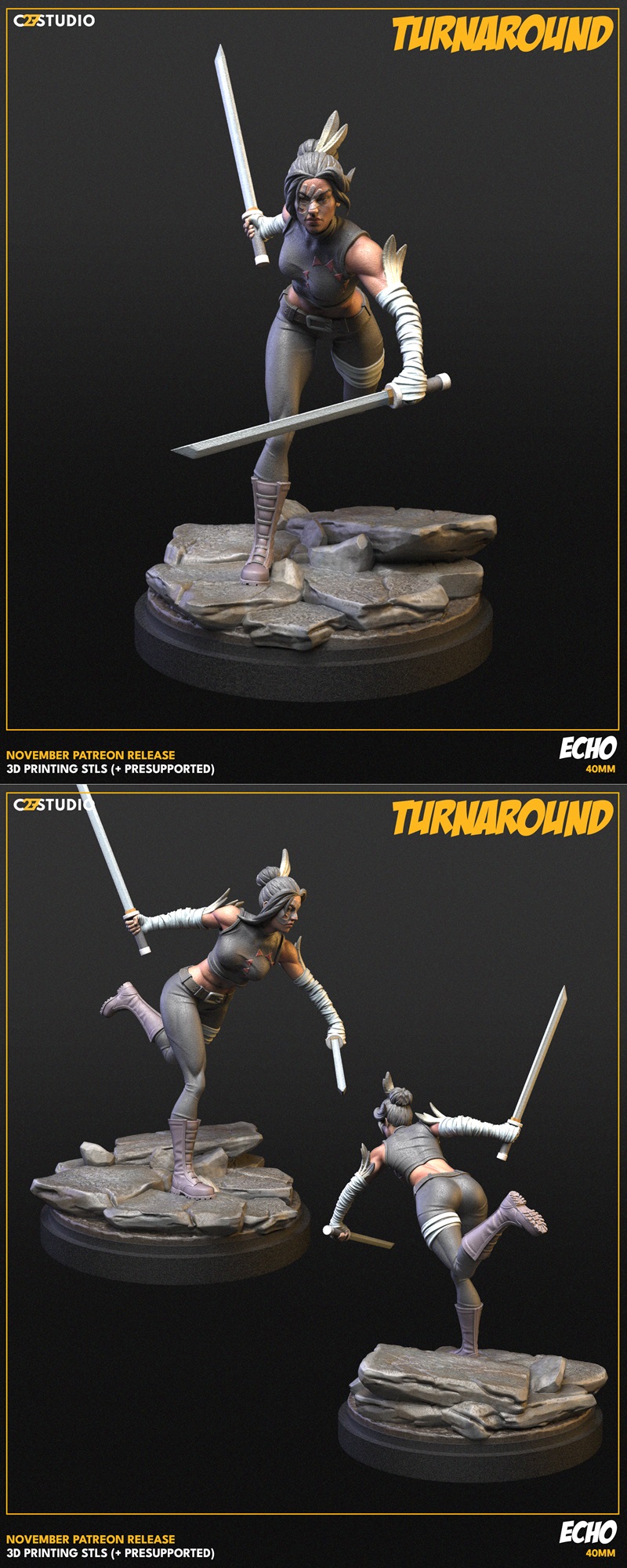 3D model of Marvel's Echo figure, wielding two swords in a combat stance on a rocky base with fiery explosions in the...