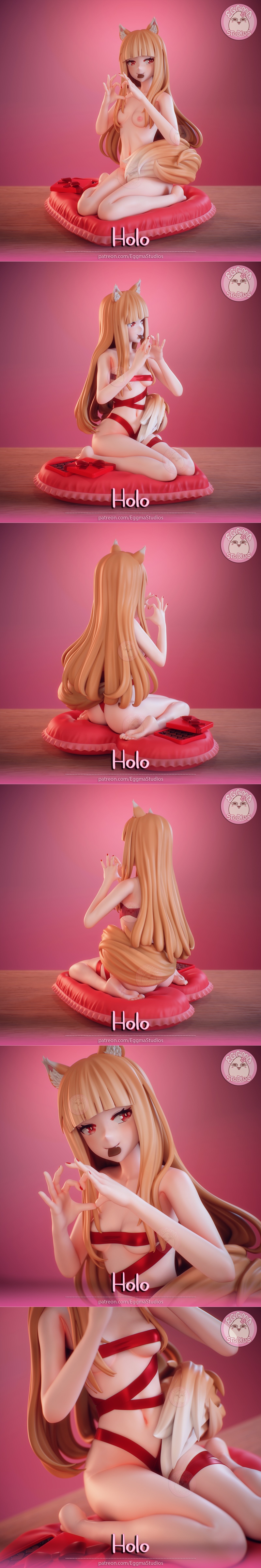 Eggma Studios Holo figure, a wolf girl with blonde hair, red eyes, and wolf ears/tail, kneeling on a heart cushion, w...