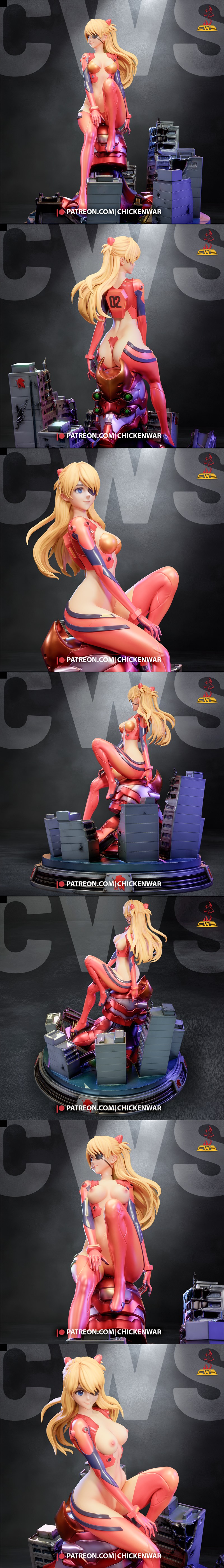 Asuka Langley from Evangelion in a red plugsuit, sitting on a destroyed Evangelion mech, with ruined buildings on the...