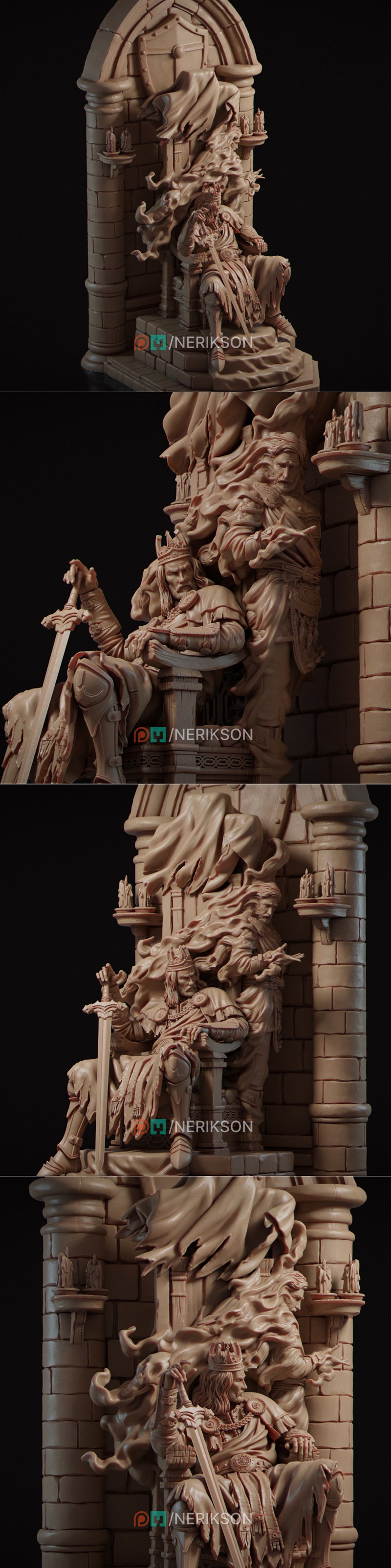 3D model of Macbeth seated on a throne, wearing a crown and holding a sword, with a spectral figure behind him. Stone...