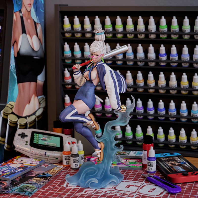 Seiko Ayase 3D model in a dynamic pose, holding a baseball bat and ball, wearing a revealing blue outfit and bomber j...