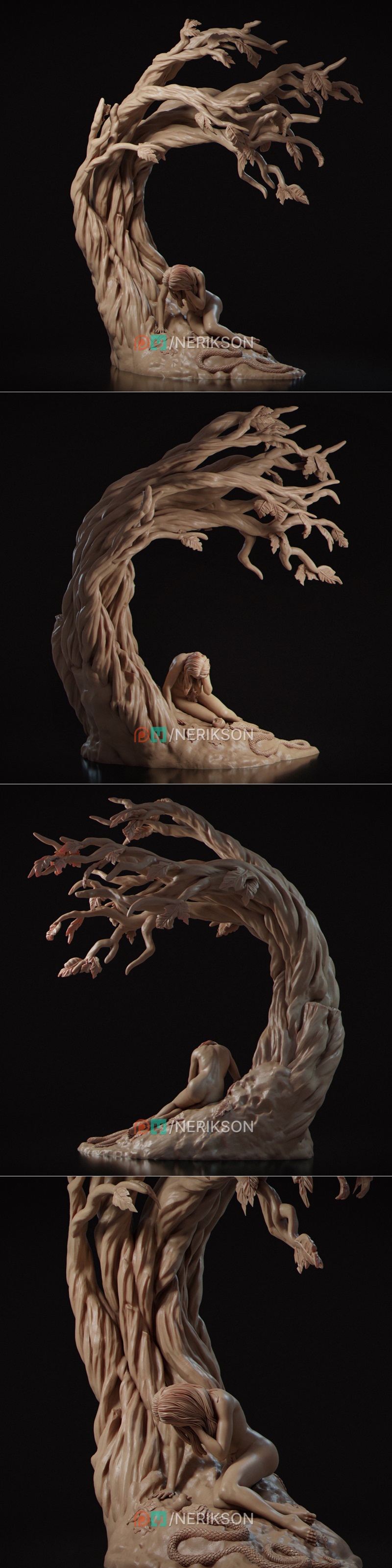 3D model of Eve sitting in despair next to a tree, head in hands, with a snake coiled nearby. Fallen leaves and an ap...