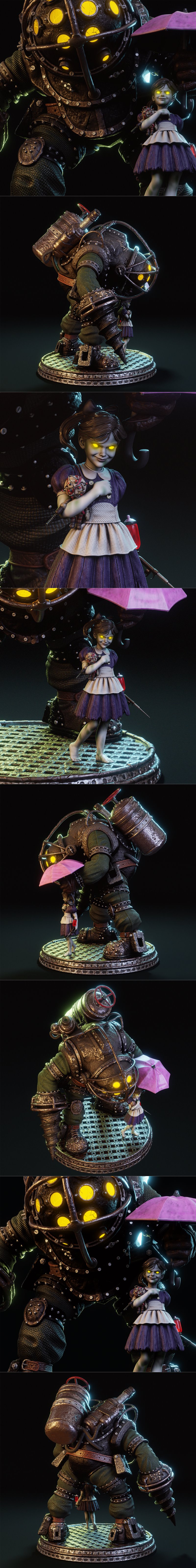 3D model of Big Daddy with drill arm and Little Sister with umbrella, on a grimy grate base. From BioShock.