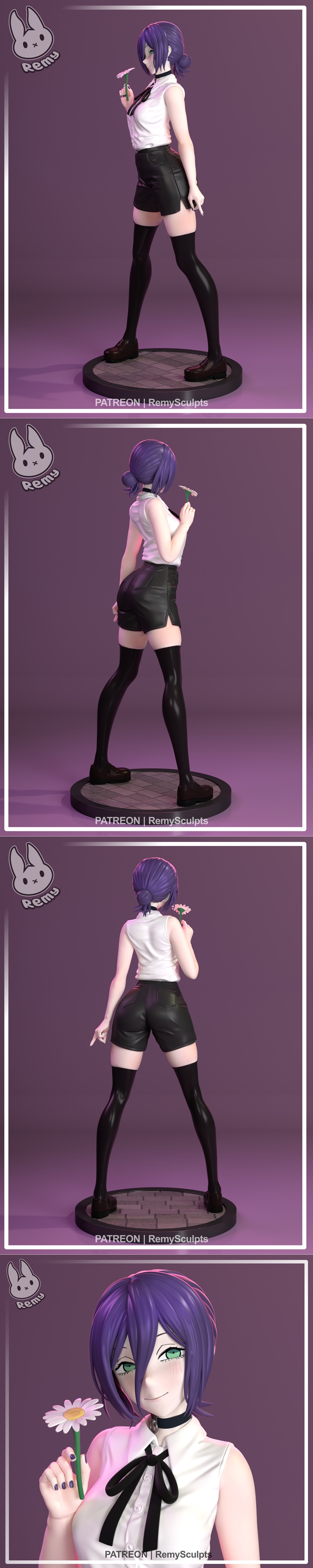 Reze in a school uniform holding a daisy, standing confidently in a 3D print model.