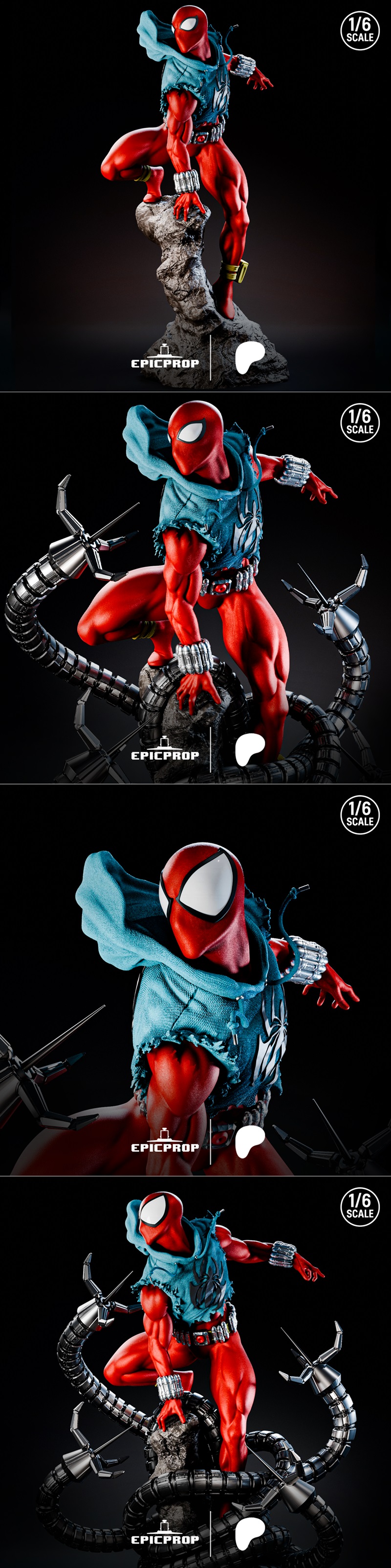 1:6 scale 3D print model of Scarlet Spider in red suit with blue hoodie, crouched on rocks amidst mechanical tentacles.