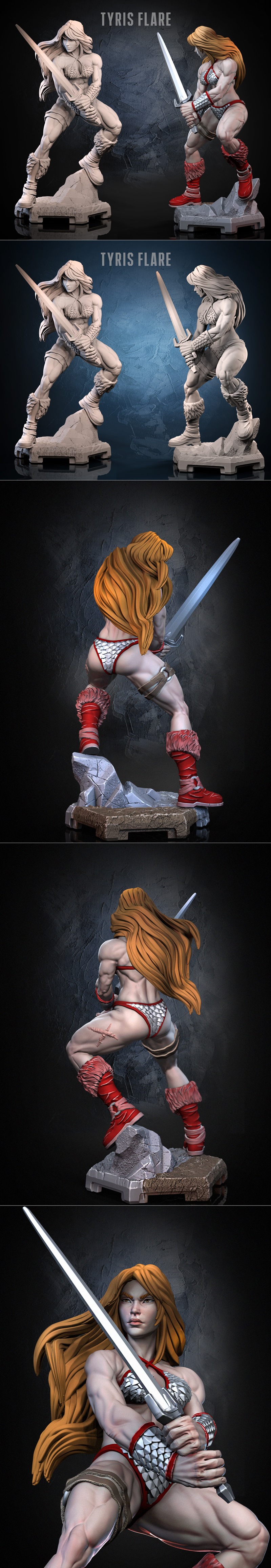 Dragun Studios Tyris Flare 3D model, muscular female barbarian with blonde hair, wearing scale mail bikini and red fu...