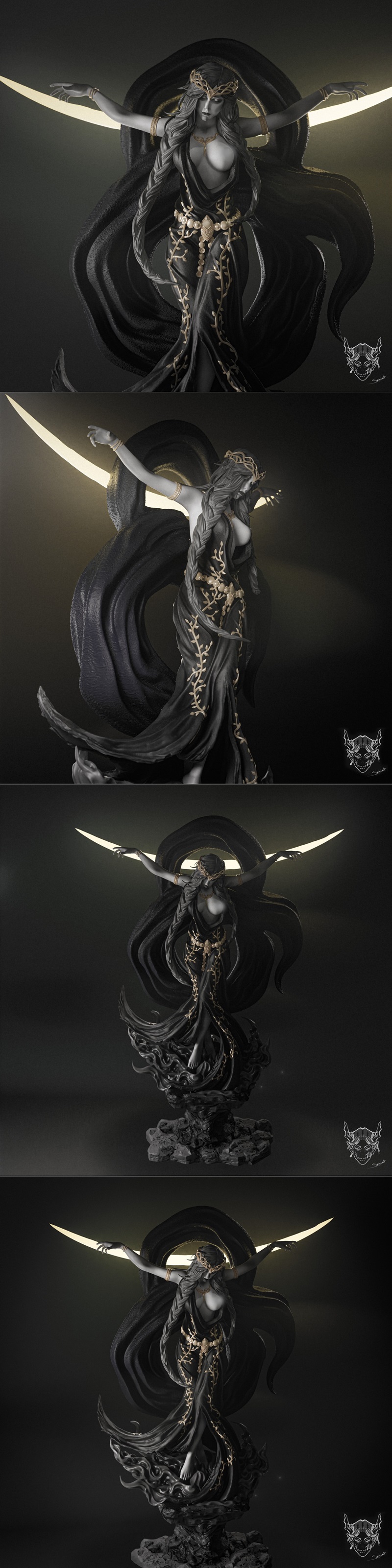 Dark fantasy figure of Marika with flowing hair, wearing a golden crown and a revealing black gown with gold vine acc...