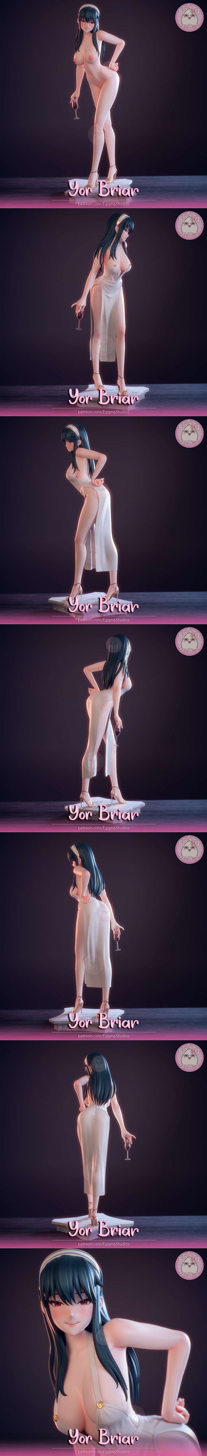 3D model of Yor Forger from Spy x Family in a white, high-slit dress, holding a wine glass, with the Eggma Studios lo...