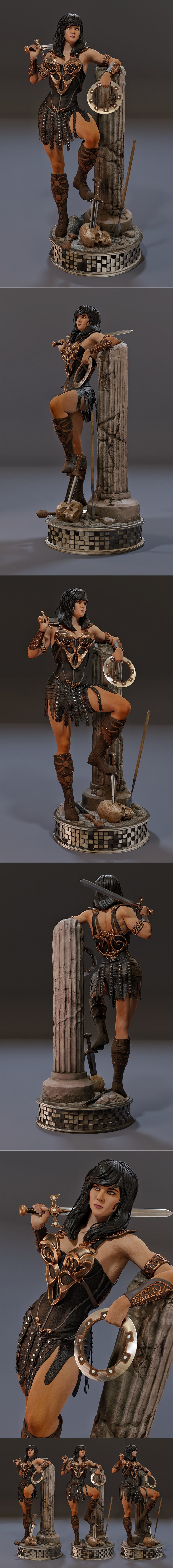 Xena, the warrior princess, in a heroic pose, clad in power armor and wielding a sword and shield.